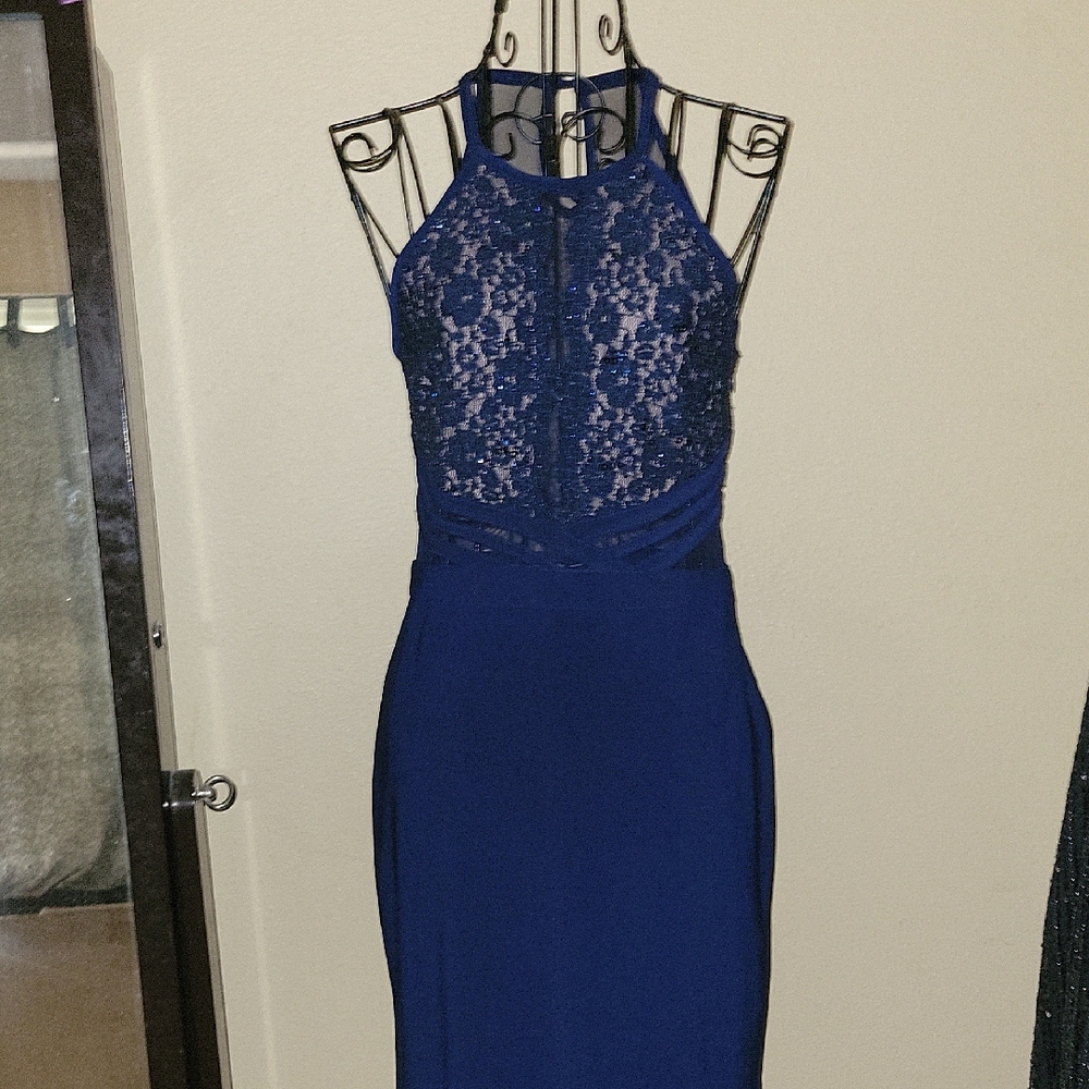 Morgan & Co Navy Lace Sequins Backless Midi Dress Sz 3/4 $15